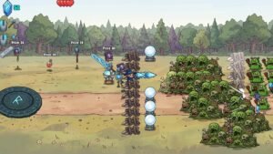 The Abjuration Stand screenshot: a forest lane with green slimes advancing on the wizard's defences