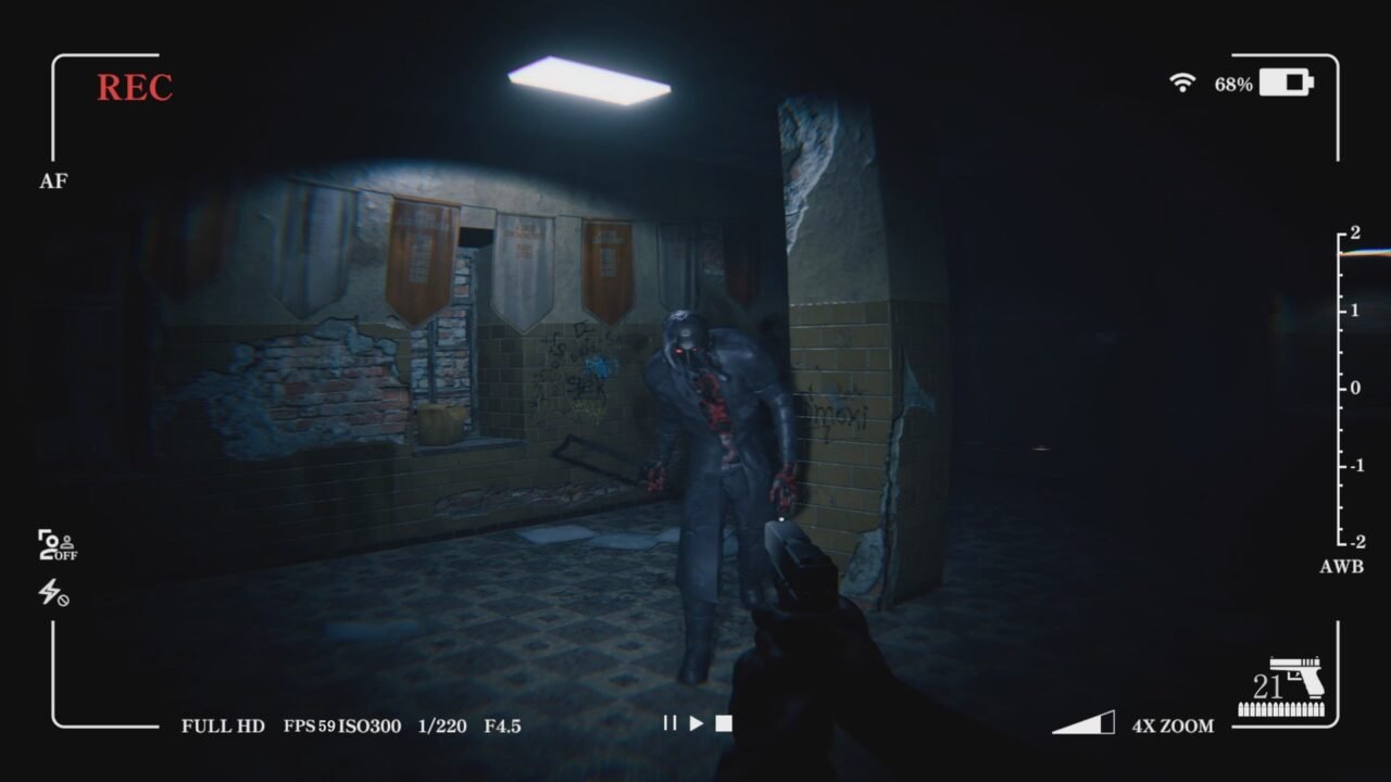 The Last Case screenshot: through a body-cam display with a red REC marker, a bloodied masked figure stands in a dark, crumbling school corridor as the player aims a pistol