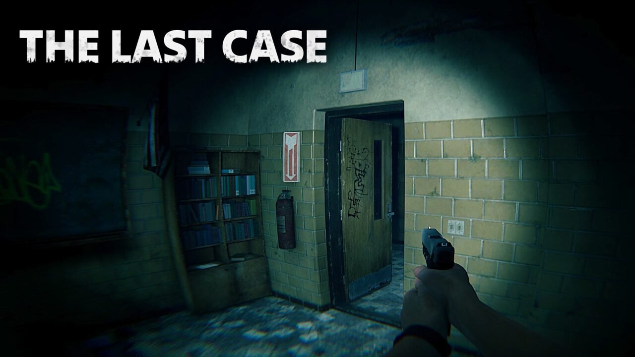 The Last Case key art: a police officer's hand holds a pistol in a dim, graffiti-marked school corridor next to an open door, with the game's logo at the top