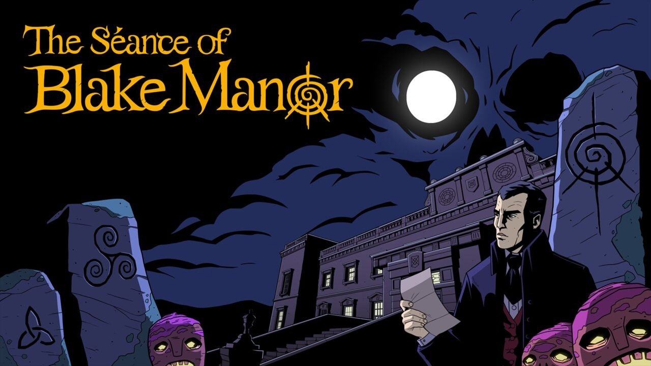 The Séance of Blake Manor key art showing investigator Declan Ward holding a letter outside Blake Manor under a full moon