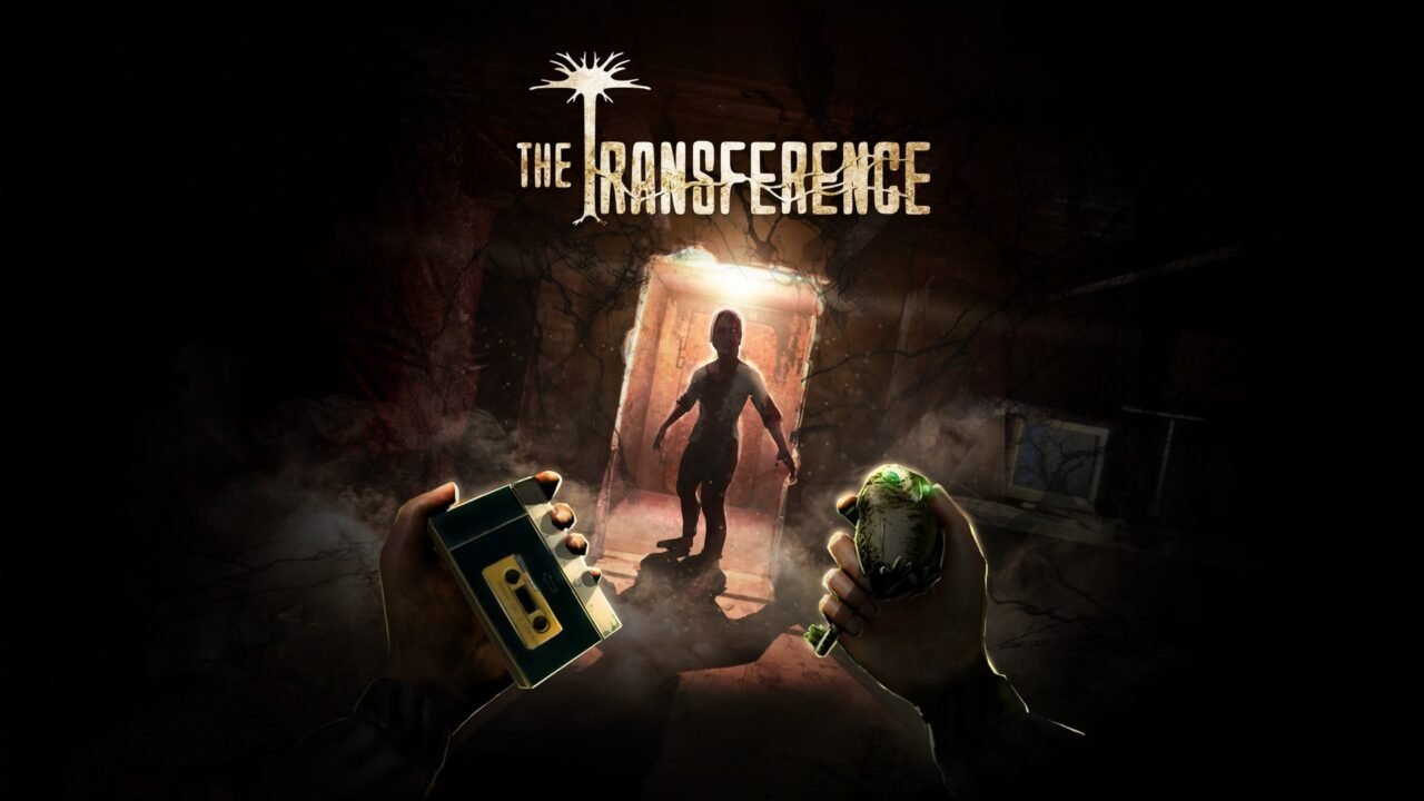 The Transference key art: hands holding a cassette tape and a torch in a dark room, facing a glowing doorway where a figure stands silhouetted