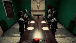 The Transference screenshot: a dim room with a long table and shadowy figures around it