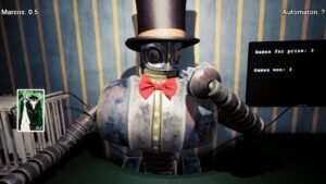 The Transference screenshot: an automaton in a top hat and red bow tie