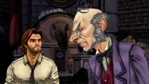 The Wolf Among Us Remastered screenshot: a man in a vest and tie beside a grey-haired man in a purple jacket