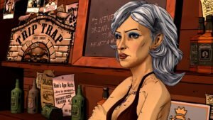The Wolf Among Us Remastered screenshot: a woman with silver hair in front of the Trip Trap bar chalkboard