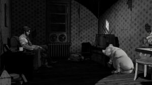 The Wolf Among Us Remastered screenshot: a black-and-white Noir Mode scene of a man seated in a room with a pig