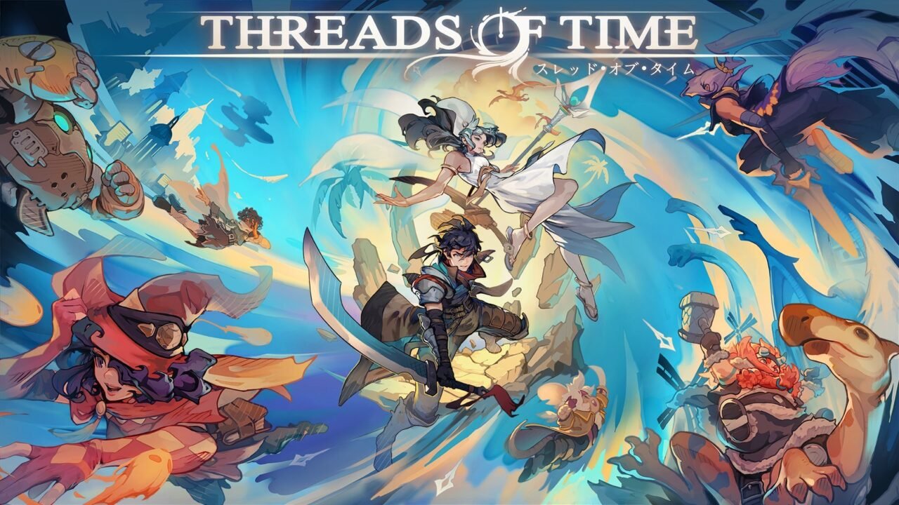 Threads of Time key art: a sword-wielding hero and a staff-bearing heroine leap through a swirling blue time vortex surrounded by party members, beneath the logo