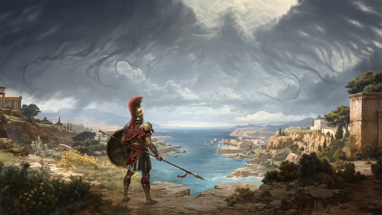 Titan Quest II art: a Greek warrior with a red-crested helmet, spear and shield stands on a clifftop above a blue bay as storm clouds swirl overhead