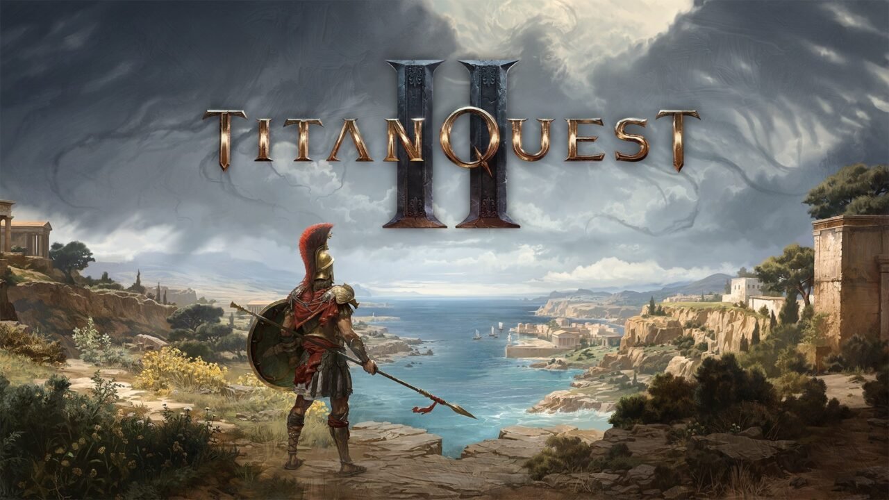 Titan Quest II key art: a Greek warrior with a red-crested helmet, spear and round shield looks out over a coastal city under a stormy sky, beneath the Titan Quest II logo