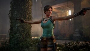 Lara Croft aiming two pistols inside an overgrown ruin