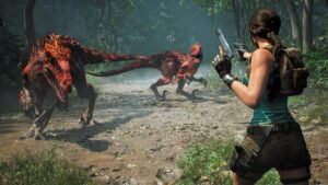 Lara Croft aiming a pistol at two red raptors in a jungle clearing