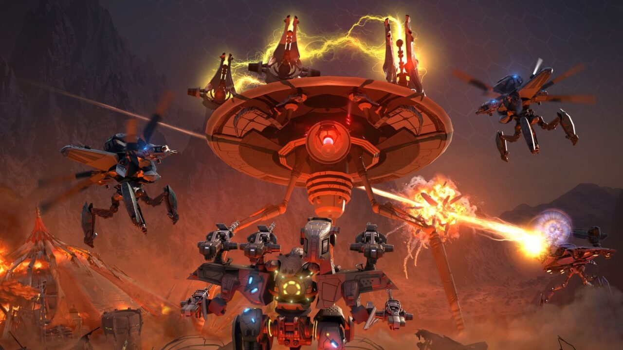War Robots Update 12.5 art: alien tripod robots and a flying saucer fire glowing beams across a burning orange battlefield