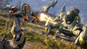 A Warframe firing an energy blast at an enemy at a snowy outpost as others fight nearby