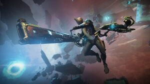 A gold-and-white Warframe firing at a large yellow walker mech on a grassy hillside