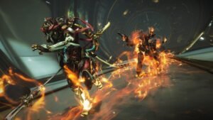 A Warframe leaping through space wreckage with a long rifle, a blue vortex glowing behind