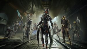 Three Warframes standing on rocks by a river in an open landscape at dusk