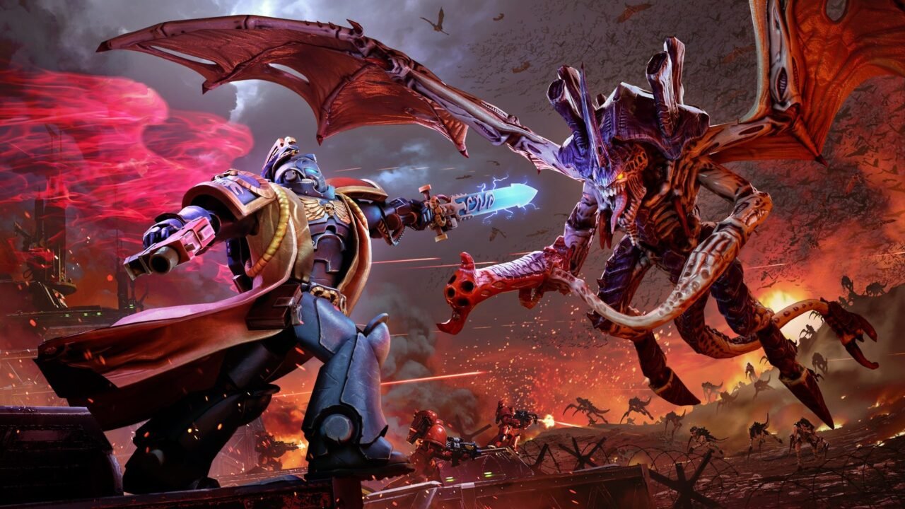 Warhammer 40,000: Battlesector art of a Space Marine firing a pistol and swinging a glowing blade at a winged Tyranid over a burning battlefield