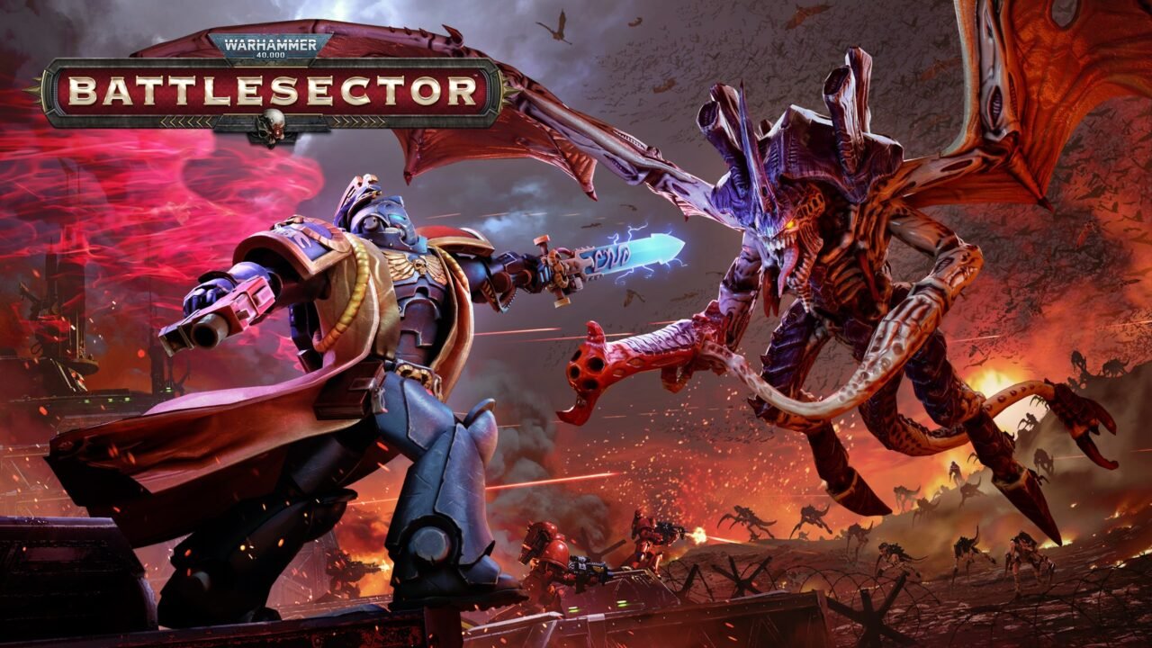 Warhammer 40,000: Battlesector key art showing a Blood Angels Space Marine fighting a winged Tyranid