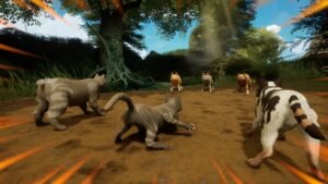 Warrior Cats: Clans of the Forest screenshot: a group of Clan cats charging across a dirt clearing in the forest