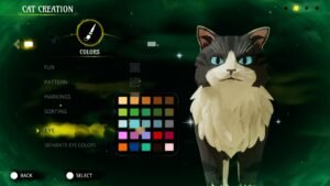 Warrior Cats: Clans of the Forest screenshot: the Cat Creator colour menu with a grey and white long-haired cat