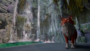 Warrior Cats: Clans of the Forest screenshot: a red and grey cat standing beside waterfalls in a rocky gorge