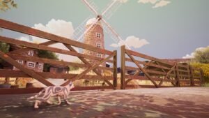 Warrior Cats: Clans of the Forest screenshot: a patterned cat walking past a farm gate with a windmill behind