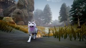 Warrior Cats: Clans of the Forest screenshot: a white tabby cat running along a misty forest path