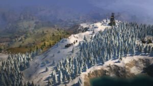 Wartales screenshot: A mercenary band overlooking a snowy forest valley