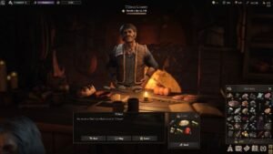 Wartales screenshot: A character in camp with the inventory screen open