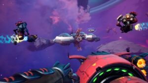 Wildgate screenshot: Spaceships battling in a purple nebula