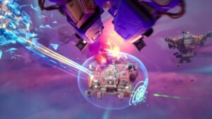 Wildgate screenshot: Ships trading fire in a pink-lit region of space