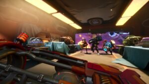 Wildgate screenshot: A crew member aboard a ship mid-battle