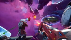 Wildgate screenshot: A player aiming a weapon in space