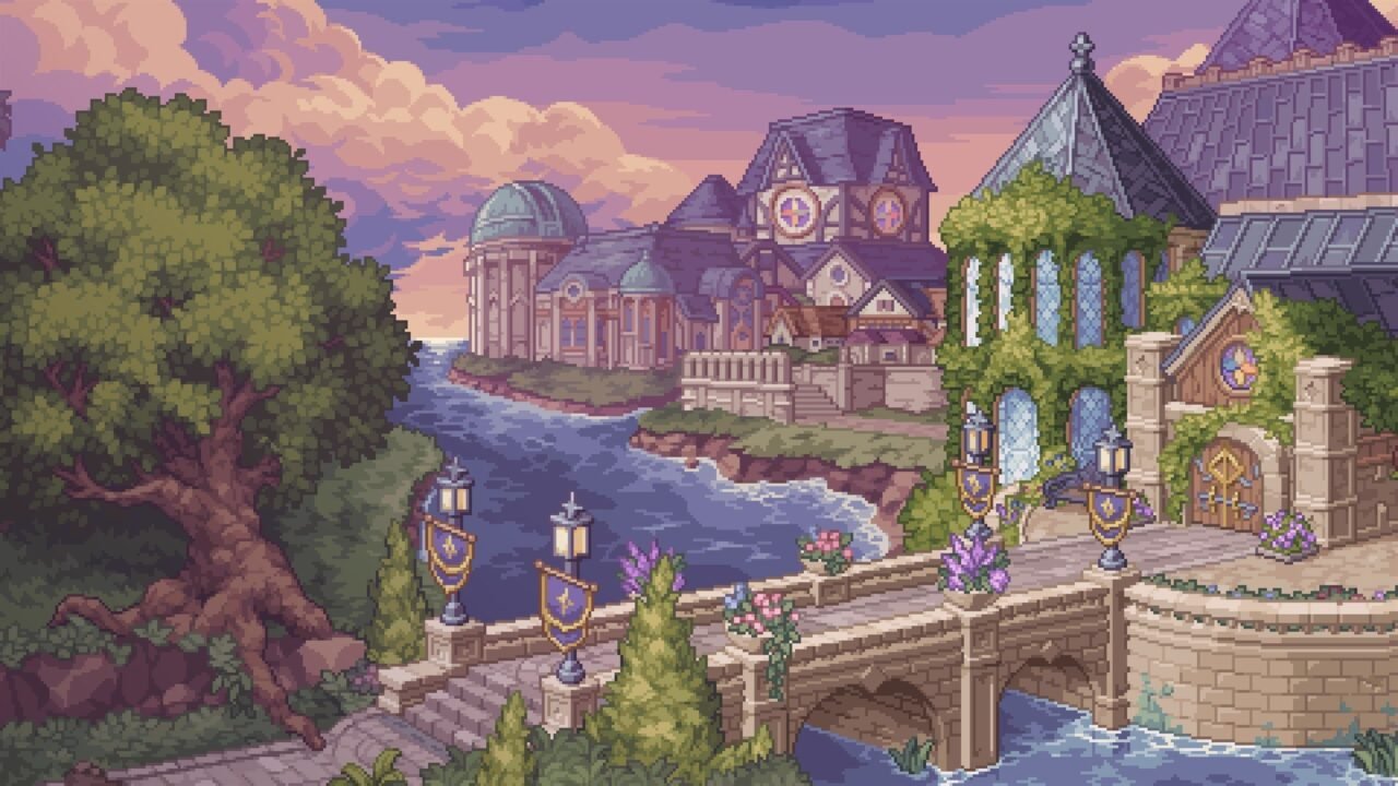 Witchbrook pixel art: a stone bridge over a river leads to ivy-covered college buildings and domed towers under a pink sunset sky
