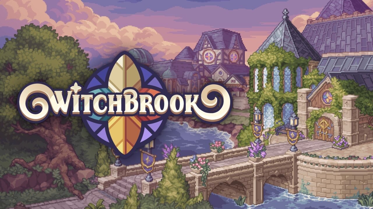 Witchbrook key art: the stained-glass Witchbrook logo beside a pixel-art stone bridge leading to ivy-covered college buildings at sunset