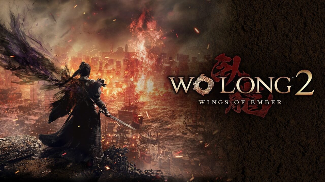Wo Long 2: Wings of Ember logo beside a winged warrior standing over a burning city