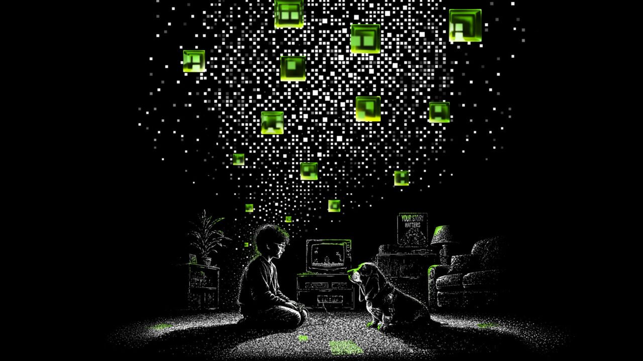 Black-and-white pixel-style illustration of a child and a dog sitting on a living-room floor in front of an old TV, with glowing green squares floating above them
