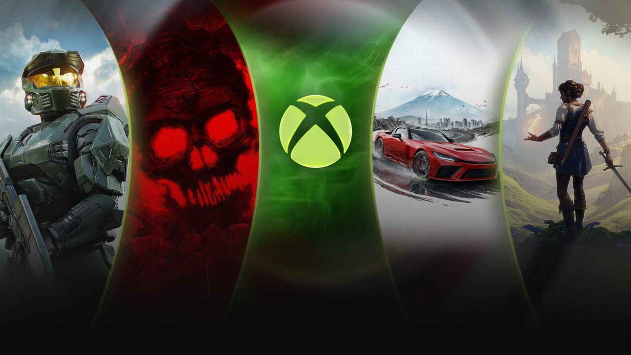 Xbox X25 anniversary artwork with the Xbox logo between Master Chief, a red Gears of War skull, a racing car and a Fable hero