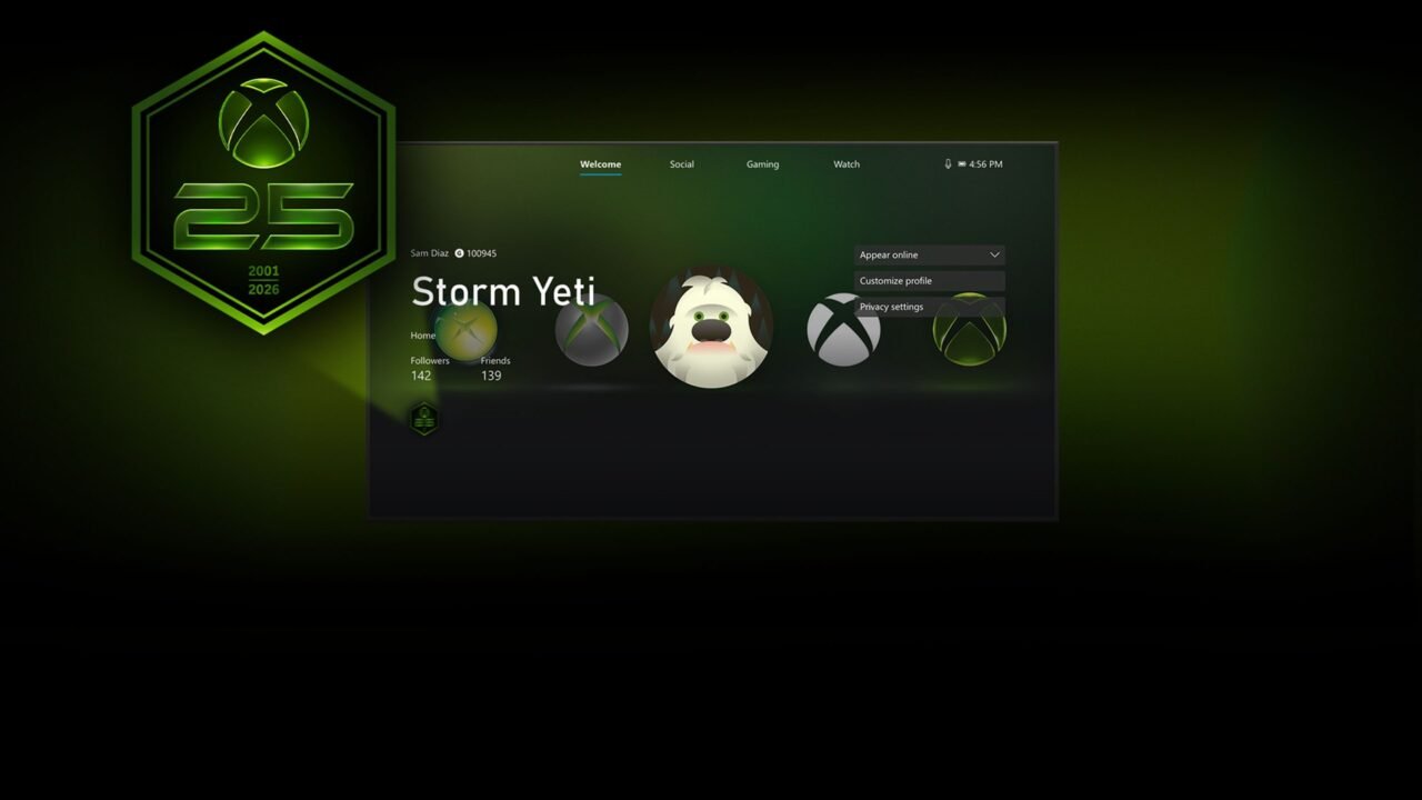 The green hexagonal Xbox 25th Anniversary badge marked 2001 to 2026, next to an Xbox profile screen showing where the badge appears