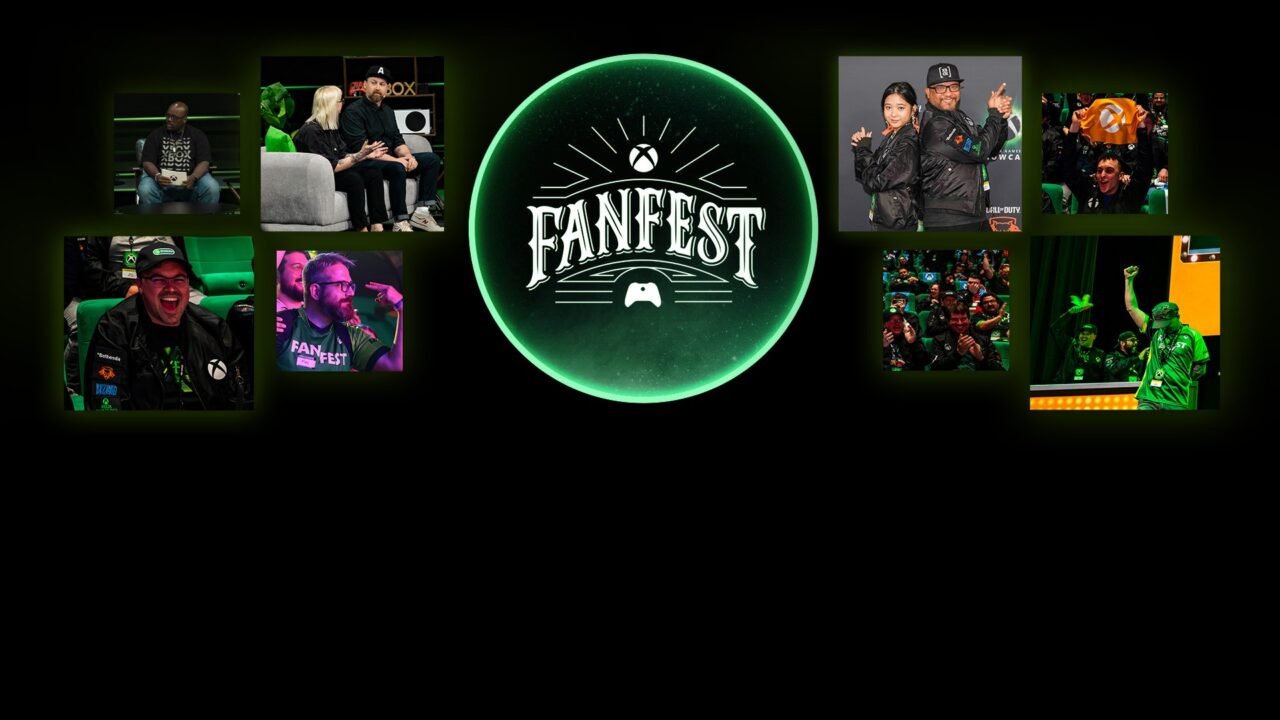 The Xbox FanFest logo in a glowing green circle, surrounded by photos of fans and Xbox guests at earlier FanFest events