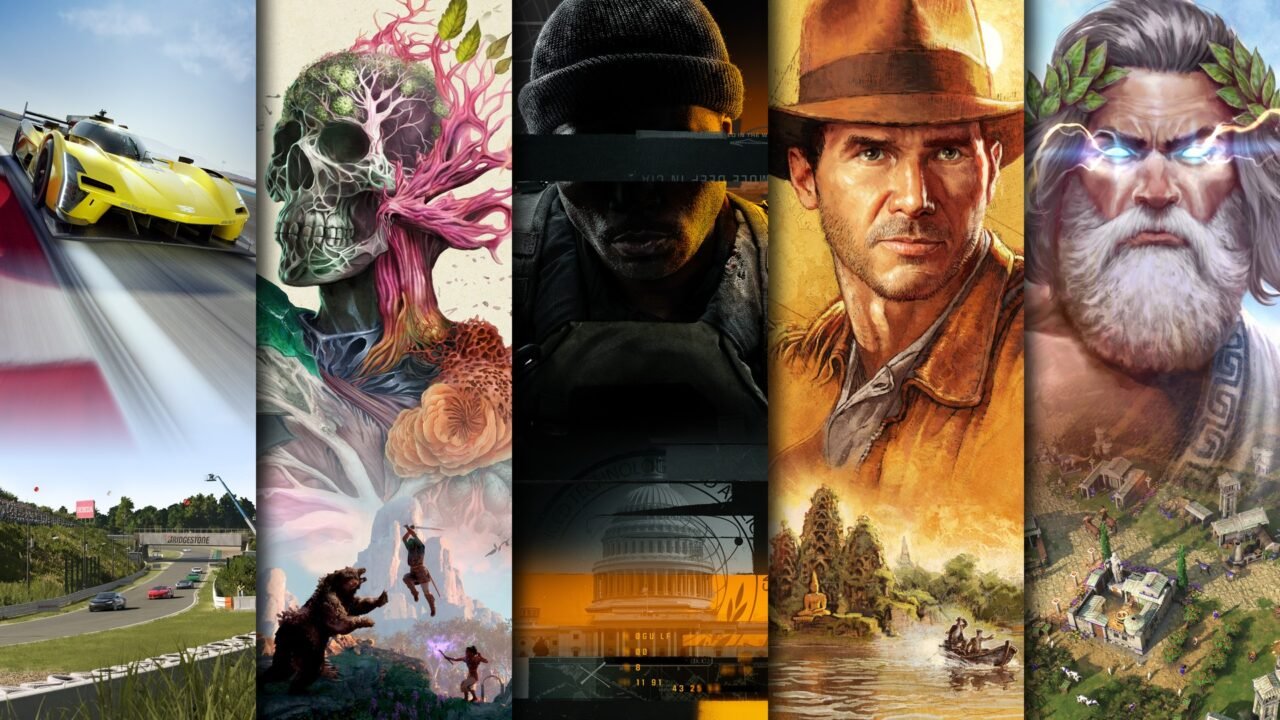 Xbox Game Pass key art showing five vertical panels of game artwork: a yellow race car, a colourful skull-tree creature, a hooded soldier, an adventurer in a fedora and a bearded Greek god