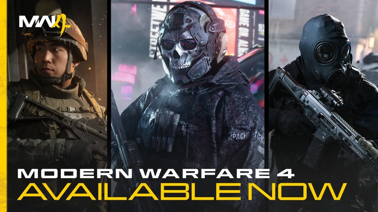 Call of Duty: Modern Warfare 4 launch art showing three soldiers, including Ghost in his skull mask, above the words Modern Warfare 4 Available Now