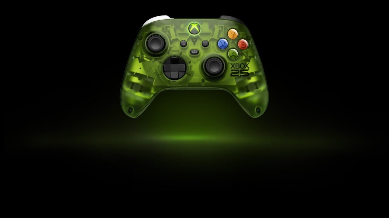 Xbox Wireless Controller X25 Special Edition in translucent OG Green with a green Xbox button and coloured ABXY buttons, on a black background